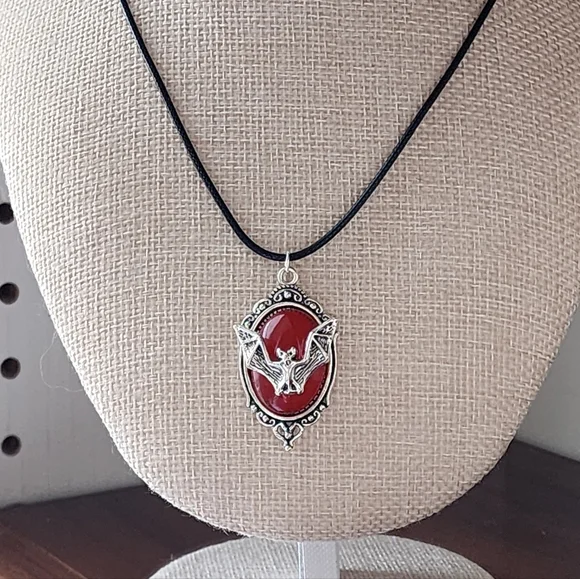 Silver Bat Framed In Red Pendant Necklace - Picture 5 of 7